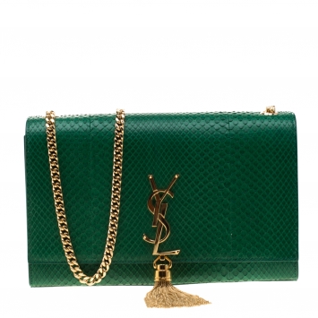 Pre Owned Saint Laurent Green Python Kate Monogram Shoulder Bag