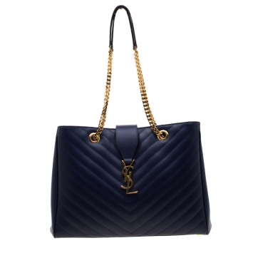 Pre Owned Saint Laurent Blue Matelasse Leather Cassandre Shopper Tote
