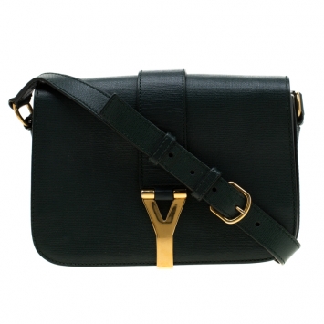 Pre Owned Saint Laurent Green Textured Leather Medium Chyc Flap Bag