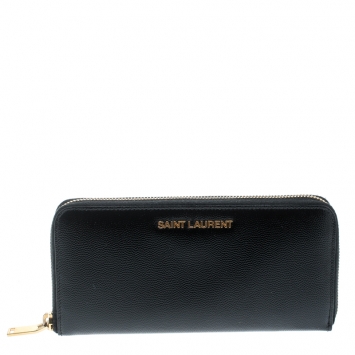 Pre Owned Saint Laurent Paris Black Leather Zip Around Wallet