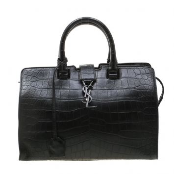 Pre Owned Saint Laurent Black Croc Embossed Leather Small Monogram Cabas Tote