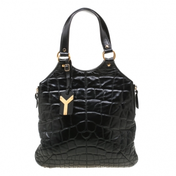 Pre Owned Saint Laurent Black Glazed Leather Croc Embossed Small Tribute Tote