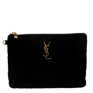 Pre Owned Saint Laurent Paris Black Chevron Velvet Monogram Clutch