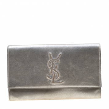 Pre Owned Saint Laurent Paris Silver Leather Belle De Jour Flap Clutch