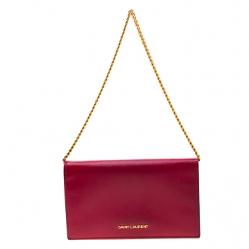 Pre Owned Saint Laurent Paris Fuchsia Textured Patent Leather Classic Letters Chain Clutch Bag