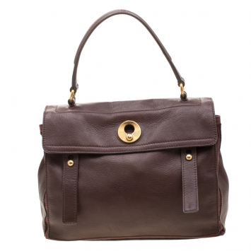 Pre Owned Saint Laurent Dark Brown Leather and Canvas Muse Two Satchel