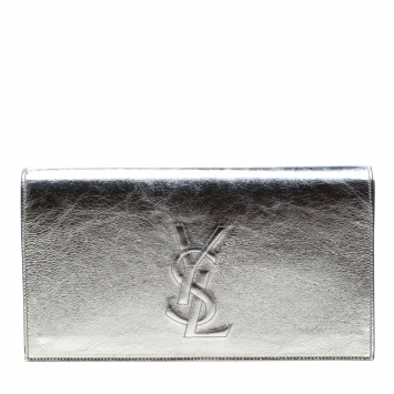Pre Owned Saint Laurent Silver Leather Belle De Jour Flap Clutch