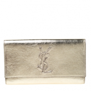 Pre Owned Saint Laurent Paris Gold Metallic Leather Belle De Jour Flap Clutch