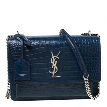 Pre Owned Saint Laurent Blue Croc Embossed Leather Medium Sunset Shoulder Bag