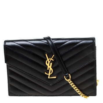Pre Owned Saint Laurent Black Matelasse Leather Chain Clutch