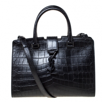 Pre Owned Saint Laurent Black Croc Embossed Leather Small Monogram Cabas Tote