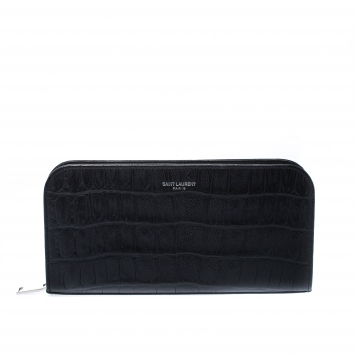 Pre Owned Saint Laurent Black Crocodile Embossed Leather Zip Around Wallet