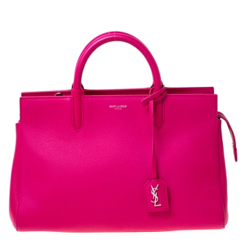 Pre Owned Saint Laurent Paris Fuschia Pink Leather Small Cabas Rive Gauche Tote