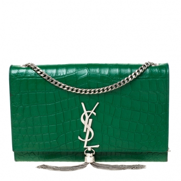 Pre Owned Saint Laurent Green Croc Embossed Leather Medium Kate Tassel Shoulder Bag