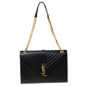 Pre Owned Saint Laurent Black Leather Monogram Envelope Shoulder Bag
