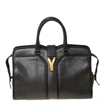 Pre Owned Saint Laurent Grey Perforated Leather Medium Cabas Chyc Tote