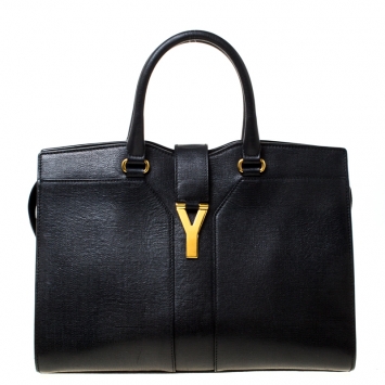 Pre Owned Saint Laurent Paris Black Leather Medium Cabas Chyc Tote          