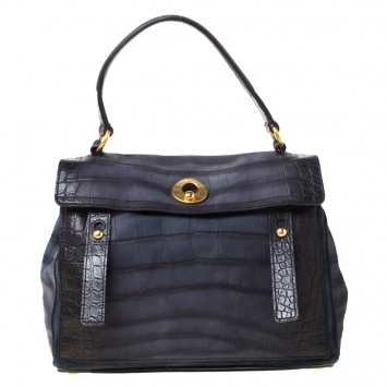 Pre Owned Saint Laurent Paris Navy Blue Croc Embossed Leather Medium Muse Two Satchel