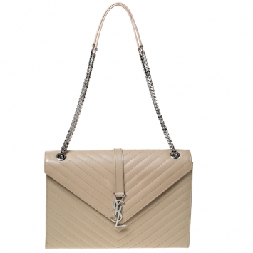 Pre Owned Saint Laurent Paris Beige Matelasse Leather Large Cassandre Flap Bag