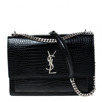 Pre Owned Saint Laurent Paris Black Crocodile Embossed Leather Large Sunset Shoulder Bag
