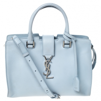 Pre Owned Saint Laurent Light Blue Leather Baby Cabas Monogram Tote