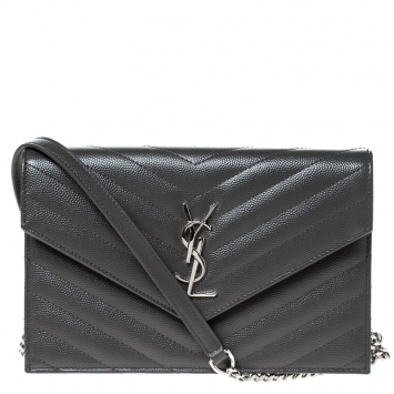 Pre Owned Saint Laurent Paris Dark Grey Chevron Leather Monogram Wallet on Chain