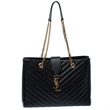 Pre Owned Saint Laurent Black Matelasse Leather Cassandre Shopper Tote