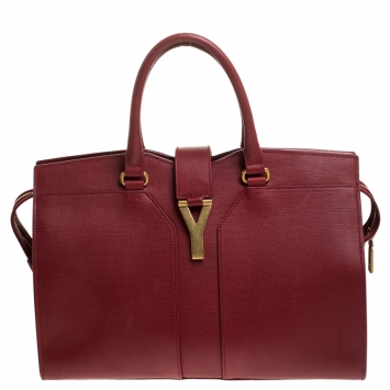 Pre Owned Saint Laurent Paris Red Leather Medium Cabas Chyc Tote          