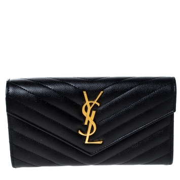 Pre Owned Saint Laurent Paris Black Matelassé Leather Monogram Flap Wallet