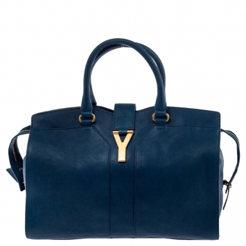 Pre Owned Saint Laurent Paris Blue Leather Medium Cabas Chyc Tote