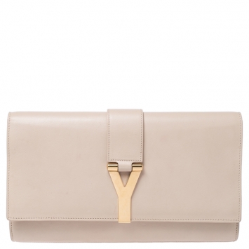 Pre Owned Saint Laurent Beige Leather Large Chyc Clutch