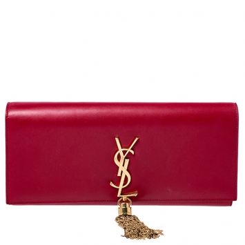 Pre Owned Saint Laurent Paris Red Leather Cassandre Tassel Clutch