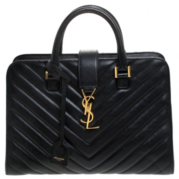 Pre Owned Saint Laurent Black Matelasse Leather Small Monogram Cabas Tote
