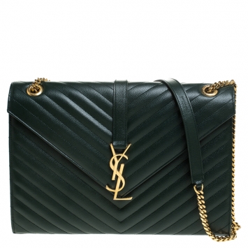 Pre Owned Saint Laurent Green Matelasse Leather Large Cassandre Flap Bag