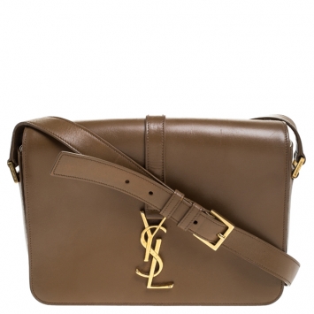 Pre Owned Saint Laurent Khaki Leather Monogram Université Flap Shoulder Bag