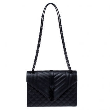 Pre Owned Saint Laurent Black Mix Matelasse Leather Medium Envelope Shoulder Bag