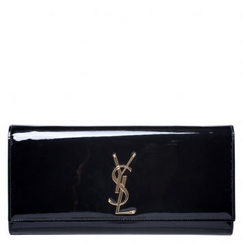 Pre Owned Saint Laurent Black Patent Leather Monogram Cassandre Clutch