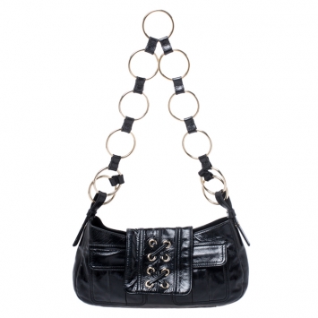 Pre Owned Saint Laurent Paris Black Corset Patent Leather Ring Handle Shoulder Bag