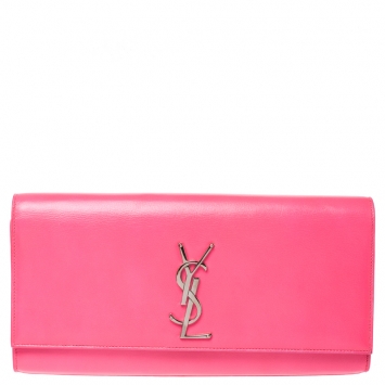 Pre Owned Saint Laurent Neon Pink Leather Cassandre Clutch