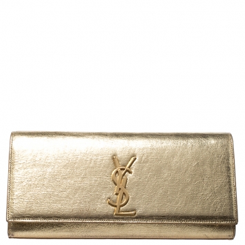 Pre Owned Saint Laurent Paris Gold Leather Monogram Cassandre Clutch