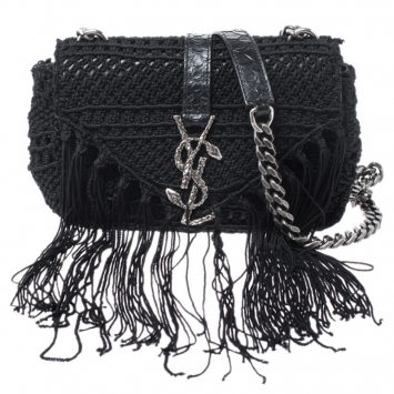 Pre Owned Saint Laurent Black Crochet and Python Embossed Leather Baby Monogram Crossbody Bag