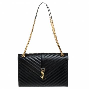 Pre Owned Saint Laurent Black Leather Monogram Envelope Shoulder Bag