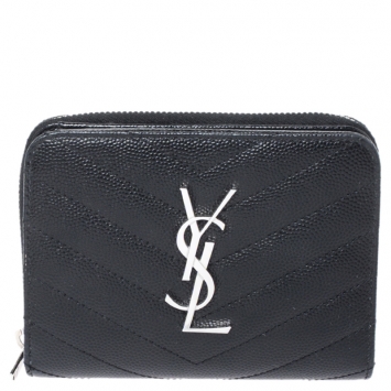 Pre Owned Saint Laurent Paris Black Matelasse Leather Monogram Compact Wallet