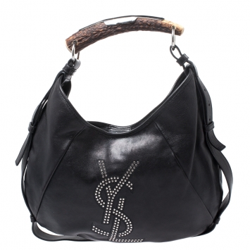 Pre Owned Saint Laurent Paris Black Studded Logo Leather Mombasa Hobo 