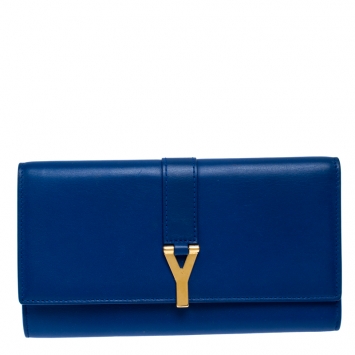 Pre Owned Saint Laurent Paris Blue Leather Y-Ligne Flap Wallet