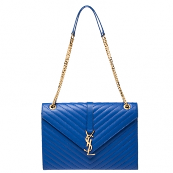 Pre Owned Saint Laurent Paris Electric Blue Matelasse Leather Large Cassandre Flap Bag