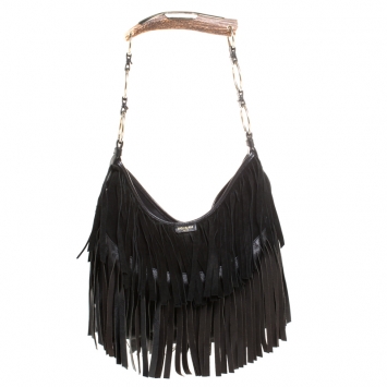 Pre Owned Saint Laurent Paris Black Suede Fringe Mombasa Hobo