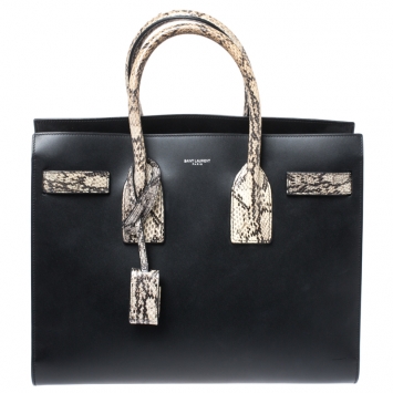 Pre Owned Saint Laurent Black Leather and Python Small Classic Sac De Jour Tote