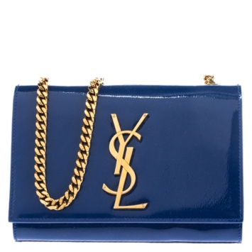 Pre Owned Saint Laurent Blue Patent Leather Small Kate Monogram Shoulder Bag