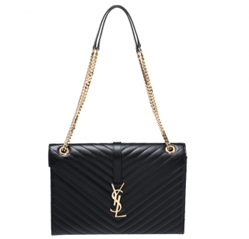 Pre Owned Saint Laurent Black Leather Monogram Envelope Shoulder Bag